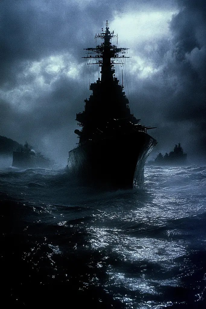 Midjourney generated image using SREF code Nocturnal Echo: A large battleship in the middle of a stormy ocean.