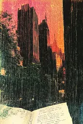 Midjourney generated image using SREF code SootBloom: A book with a picture of a city in the background.