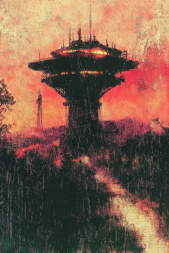 Midjourney generated image using SREF code SootBloom: A painting of a tall tower in the middle of a field.