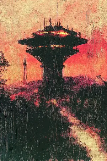 Midjourney generated image using SREF code SootBloom: A painting of a tall tower in the middle of a field.