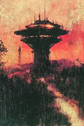 Midjourney generated image using SREF code SootBloom: A painting of a tall tower in the middle of a field.