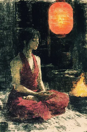 Midjourney generated image using SREF code SootBloom: A painting of a woman sitting in front of a fire.