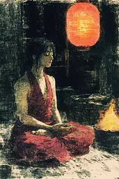 Midjourney generated image using SREF code SootBloom: A painting of a woman sitting in front of a fire.