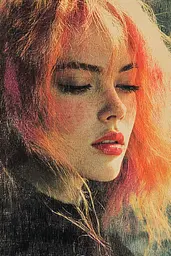 Midjourney generated image using SREF code SootBloom: A woman with long red hair is staring into the distance.
