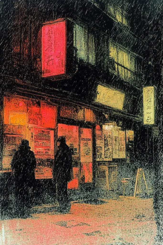 Midjourney generated image using SREF code SootBloom: A painting of people walking down a street at night.