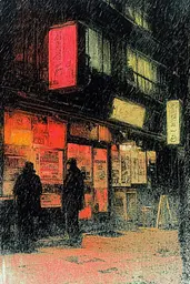 Midjourney generated image using SREF code SootBloom: A painting of people walking down a street at night.