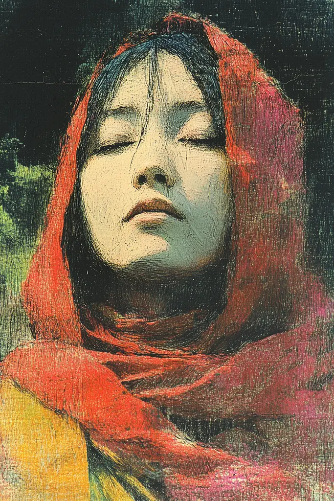 Midjourney generated image using SREF code SootBloom: A painting of a woman with her eyes closed.