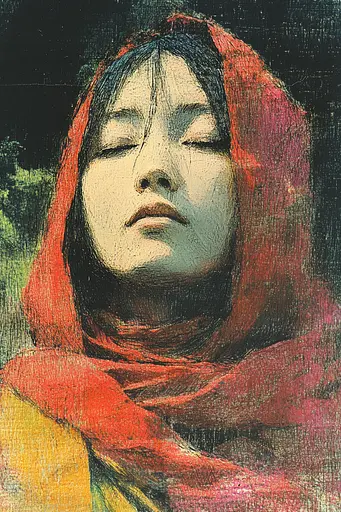 Midjourney generated image using SREF code SootBloom: A painting of a woman with her eyes closed.