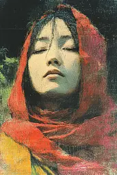 Midjourney generated image using SREF code SootBloom: A painting of a woman with her eyes closed.