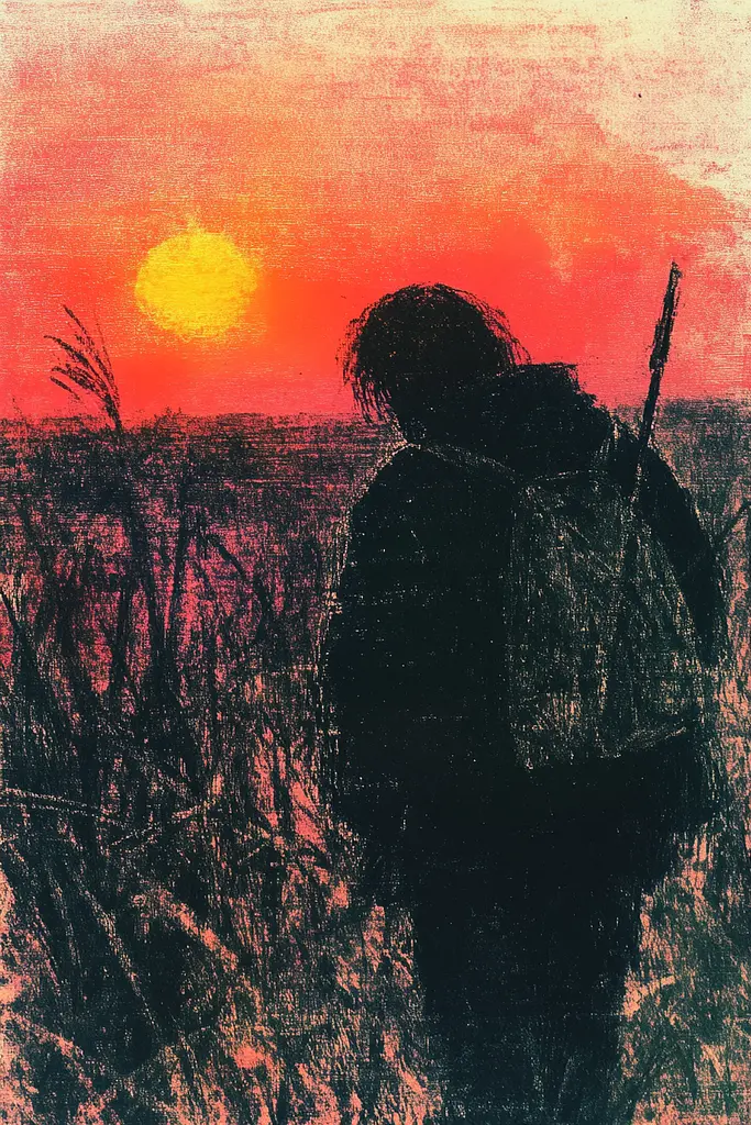 Midjourney generated image using SREF code SootBloom: A silhouette of a person standing in a field at sunset.