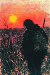 Midjourney generated image using SREF code SootBloom: A silhouette of a person standing in a field at sunset.