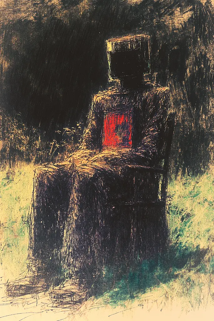 Midjourney generated image using SREF code SootBloom: A drawing of a person sitting in a chair.