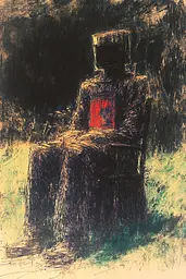 Midjourney generated image using SREF code SootBloom: A drawing of a person sitting in a chair.