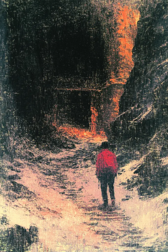 Midjourney generated image using SREF code SootBloom: A person walking down a path in a cave.
