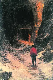 Midjourney generated image using SREF code SootBloom: A person walking down a path in a cave.