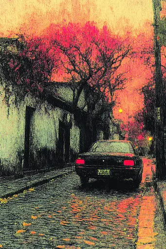 Midjourney generated image using SREF code SootBloom: A car is parked on the side of a street.