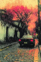 Midjourney generated image using SREF code SootBloom: A car is parked on the side of a street.