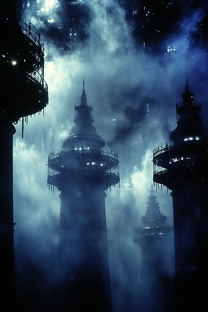 Midjourney generated image using SREF code Nocturnal Echo: A group of tall towers in the middle of a foggy night.