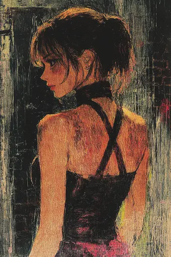 Midjourney generated image using SREF code SootBloom: A painting of a woman in a black dress.