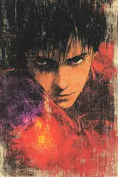 Midjourney generated image using SREF code SootBloom: A painting of a man with black hair and a red background.