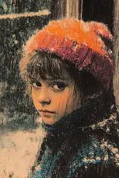 Midjourney generated image using SREF code SootBloom: A young girl wearing a red hat in the snow.