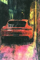 Midjourney generated image using SREF code SootBloom: A red car is parked in the rain. 