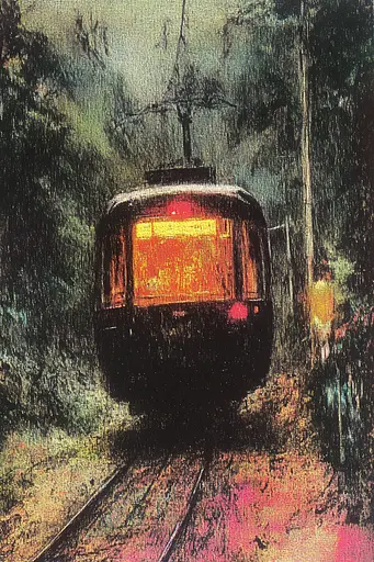Midjourney generated image using SREF code SootBloom: A painting of a train going down the tracks.