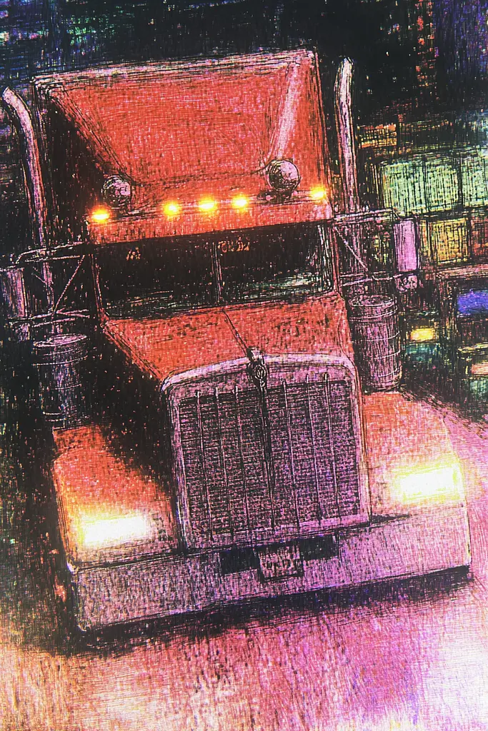 Midjourney generated image using SREF code SootBloom: A drawing of a semi truck parked in a parking lot.