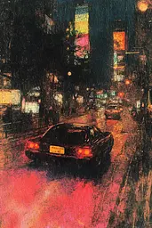 Midjourney generated image using SREF code SootBloom: A painting of a car driving down a city street at night.