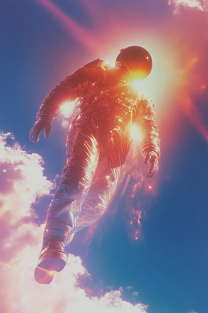 Midjourney generated image using SREF code Luminous Dreams: A man in an astronaut suit flying through the sky.