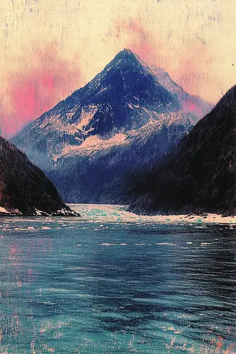 Midjourney generated image using SREF code SootBloom: A painting of a mountain range with a body of water.