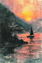 Midjourney generated image using SREF code SootBloom: A painting of a sailboat in the ocean at sunset.