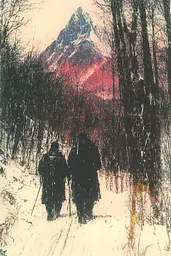 Midjourney generated image using SREF code SootBloom: A couple of people walking down a snow covered path.