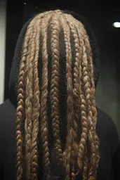 Midjourney generated image using SREF code Hushframe: A woman with long blonde dreadlocks on her head.
