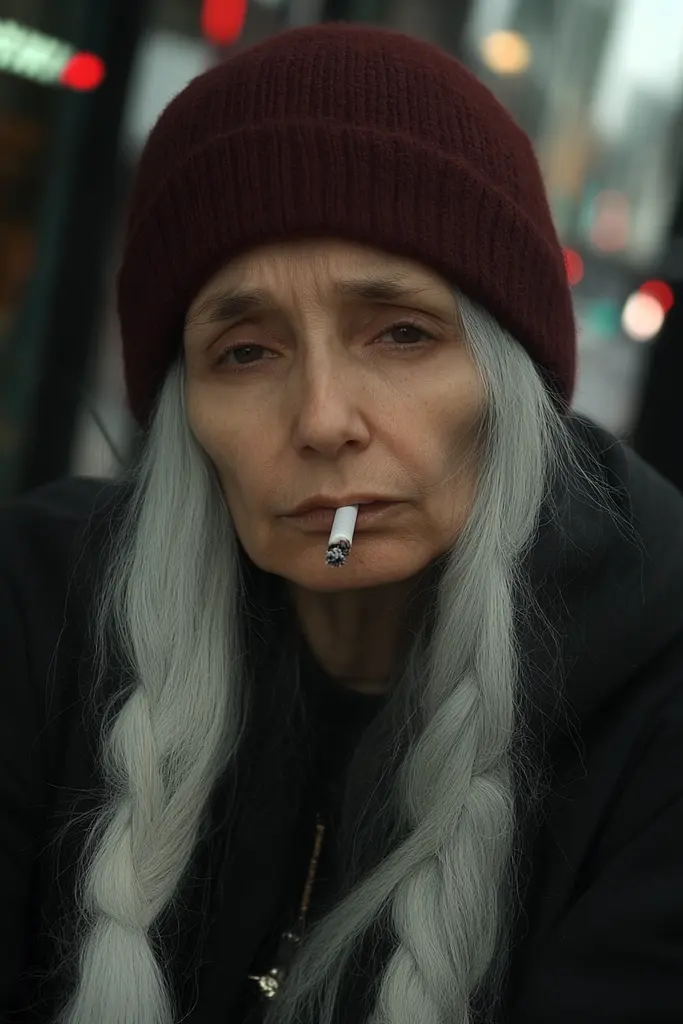 Midjourney generated image using SREF code Hushframe: A woman with long gray hair smoking a cigarette.