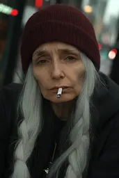 Midjourney generated image using SREF code Hushframe: A woman with long gray hair smoking a cigarette.