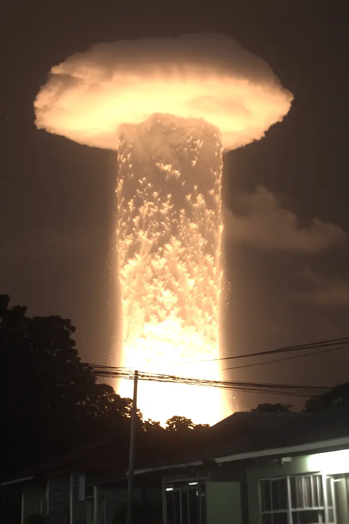 Midjourney generated image using SREF code Hushframe: A large mushroom cloud is seen over a residential area.