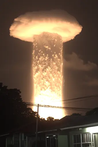 Midjourney generated image using SREF code Hushframe: A large mushroom cloud is seen over a residential area.