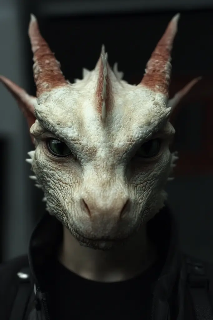 Midjourney generated image using SREF code Hushframe: A close up of a person wearing a dragon mask.
