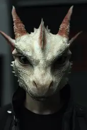 Midjourney generated image using SREF code Hushframe: A close up of a person wearing a dragon mask.