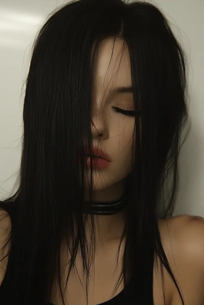 Midjourney generated image using SREF code Hushframe: A woman with long black hair wearing a choke.