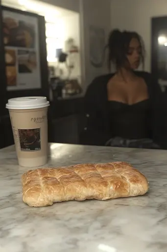 Midjourney generated image using SREF code Hushframe: A loaf of bread sitting on top of a counter next to a cup of coffee.