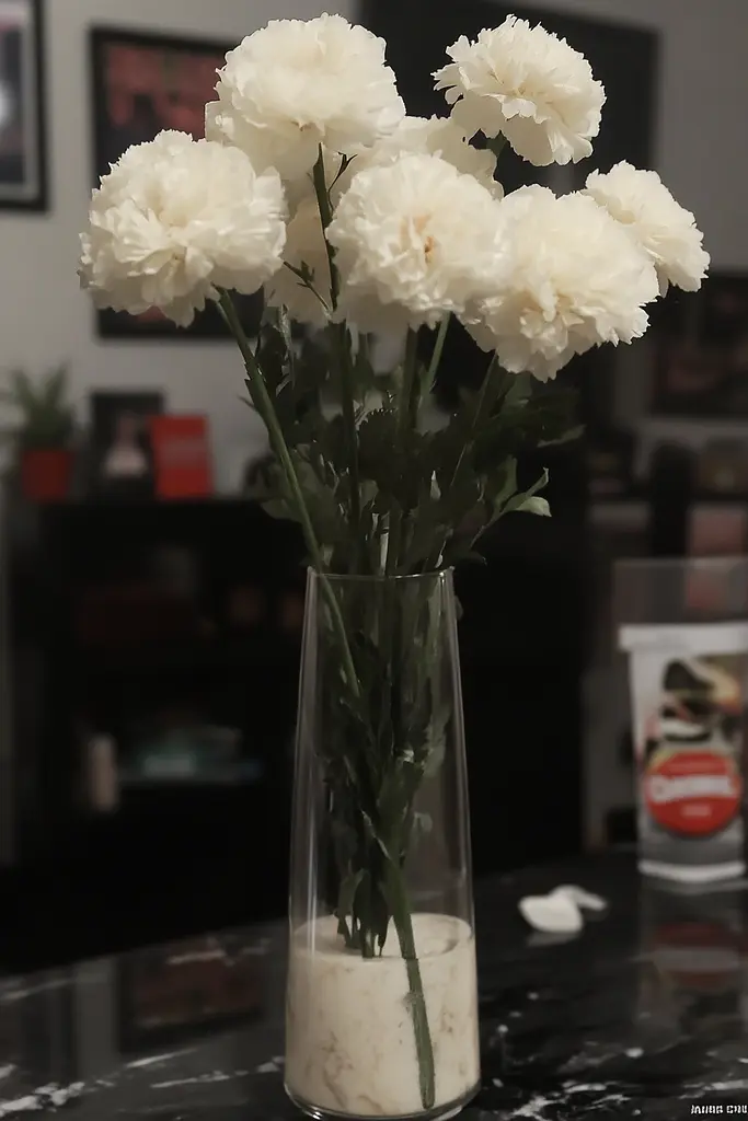 Midjourney generated image using SREF code Hushframe: A vase filled with white flowers sitting on top of a table.