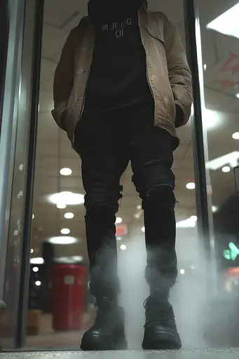 Midjourney generated image using SREF code Hushframe: A man standing in front of a glass door with smoke coming out of it.