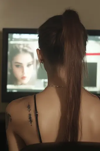 Midjourney generated image using SREF code Hushframe: A woman with a tattoo on her back looking at a television.