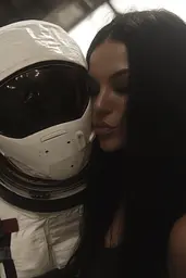 Midjourney generated image using SREF code Hushframe: A woman in a space suit kissing a man in a helmet.