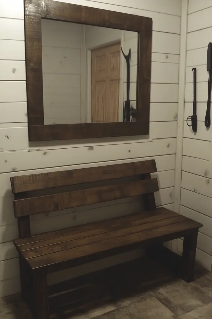 Midjourney generated image using SREF code Hushframe: A wooden bench sitting in front of a mirror.