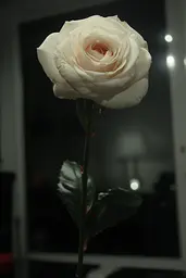 Midjourney generated image using SREF code Hushframe: A single white rose in a vase on a table.