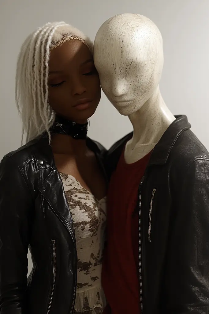 Midjourney generated image using SREF code Hushframe: A mannequin and a woman standing next to each other.