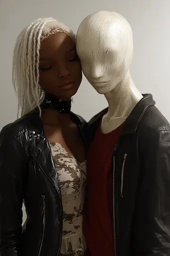 Midjourney generated image using SREF code Hushframe: A mannequin and a woman standing next to each other.